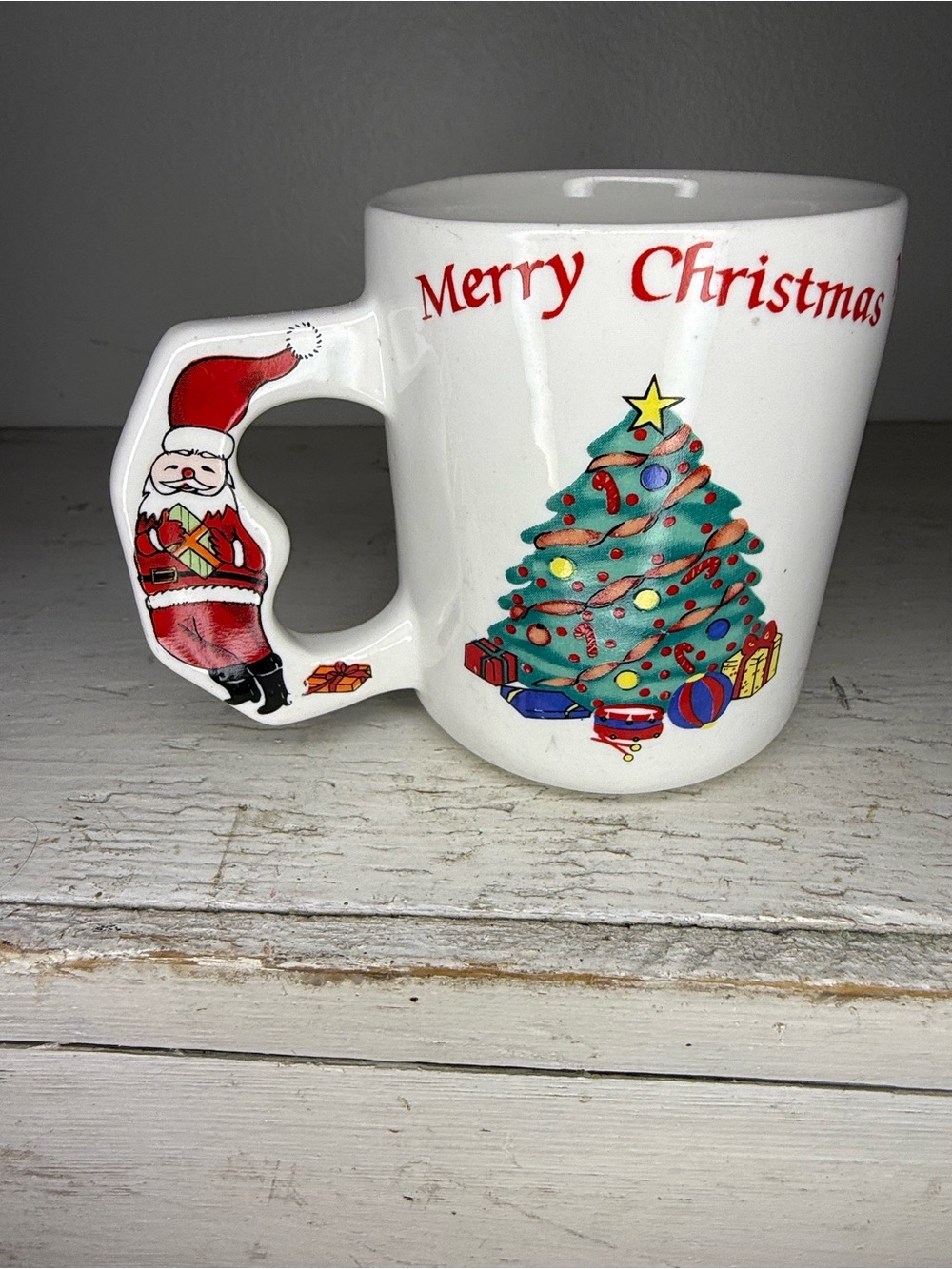 Vintage Holiday Mug ~ Merry Christmas w/Santa Handle ~ Tree with Presents